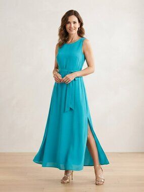 NWT Laura Bettini Turquoise Maxi Dress Side Slit with Belt